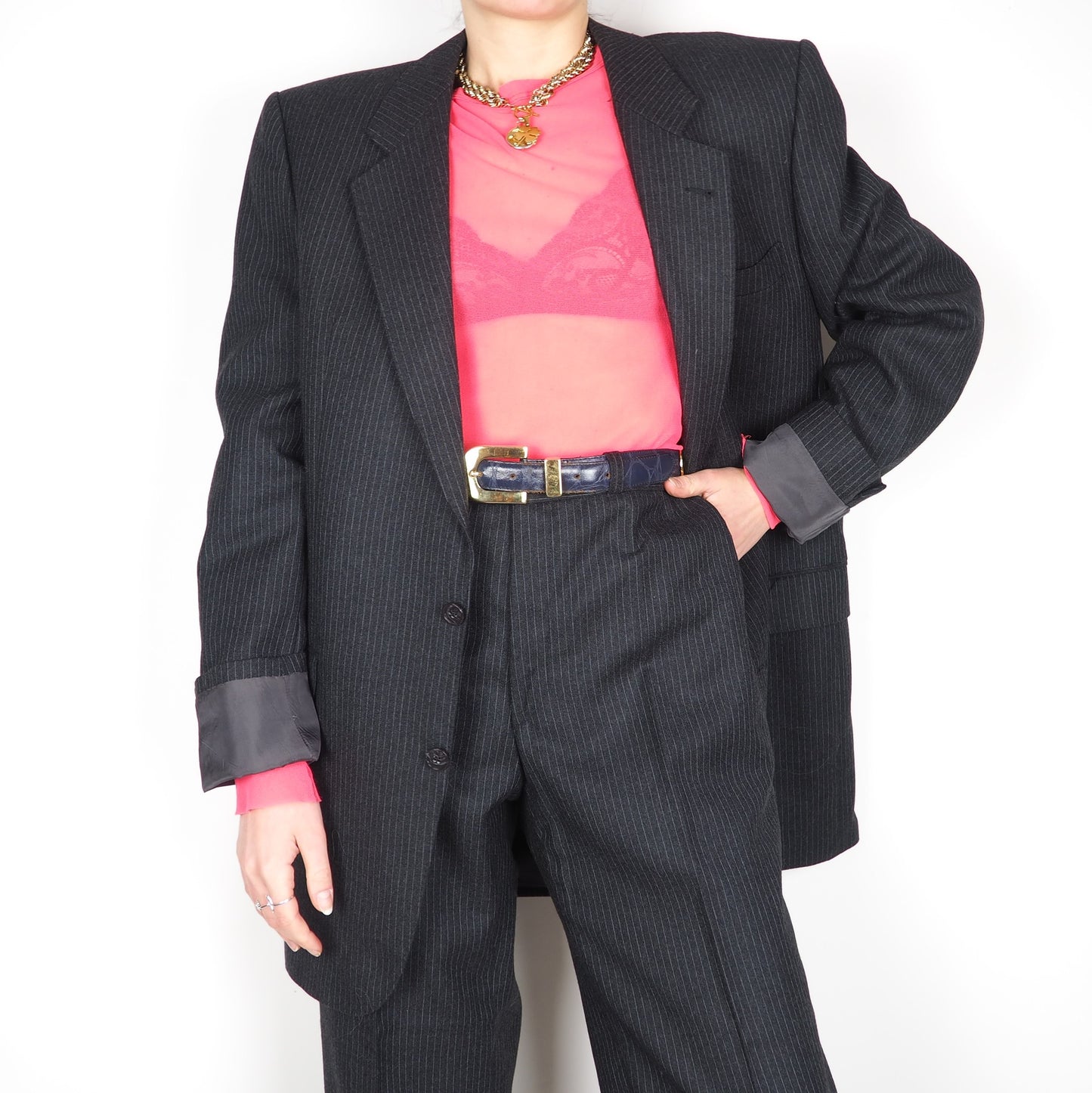 80's gray wool suit (L)