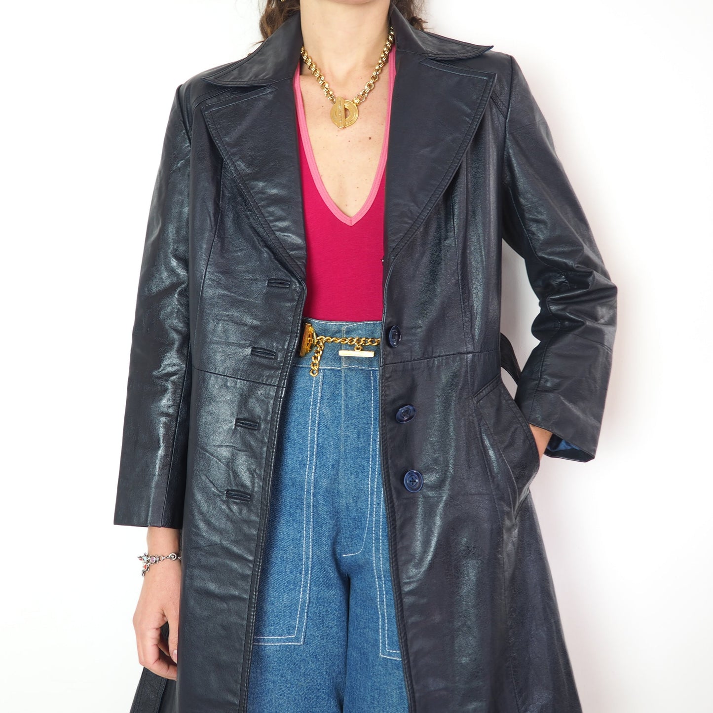 Trench en cuir bleu marine 1970
