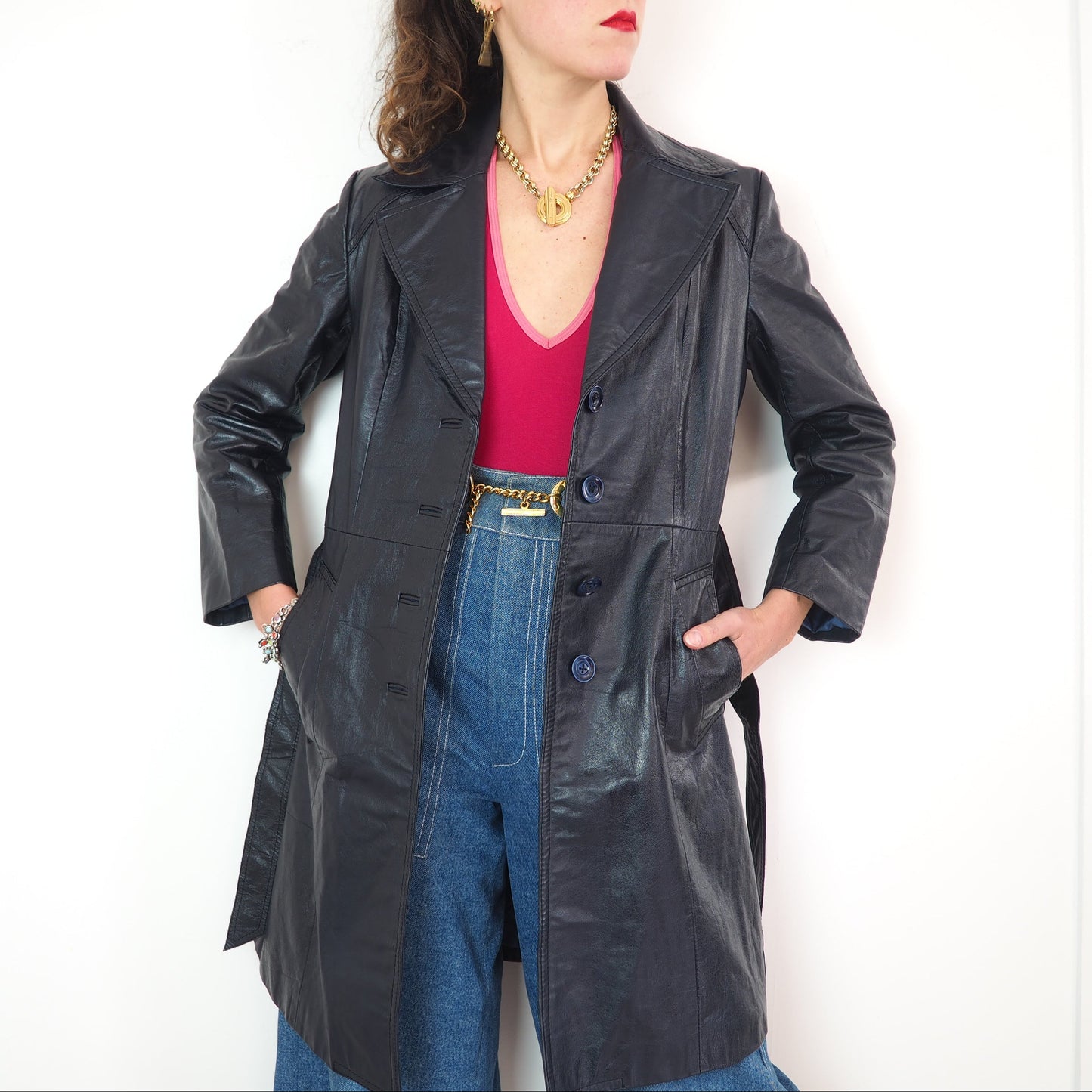 Trench en cuir bleu marine 1970