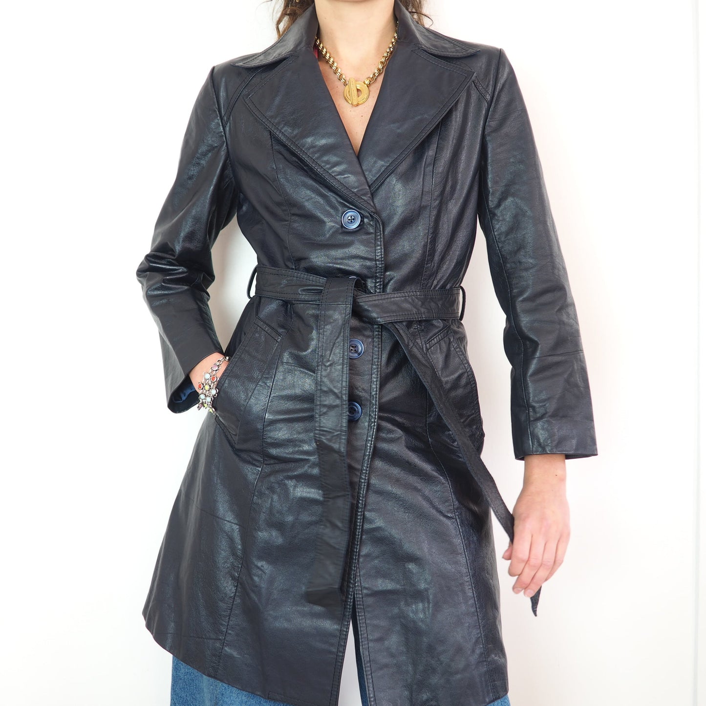 Trench en cuir bleu marine 1970