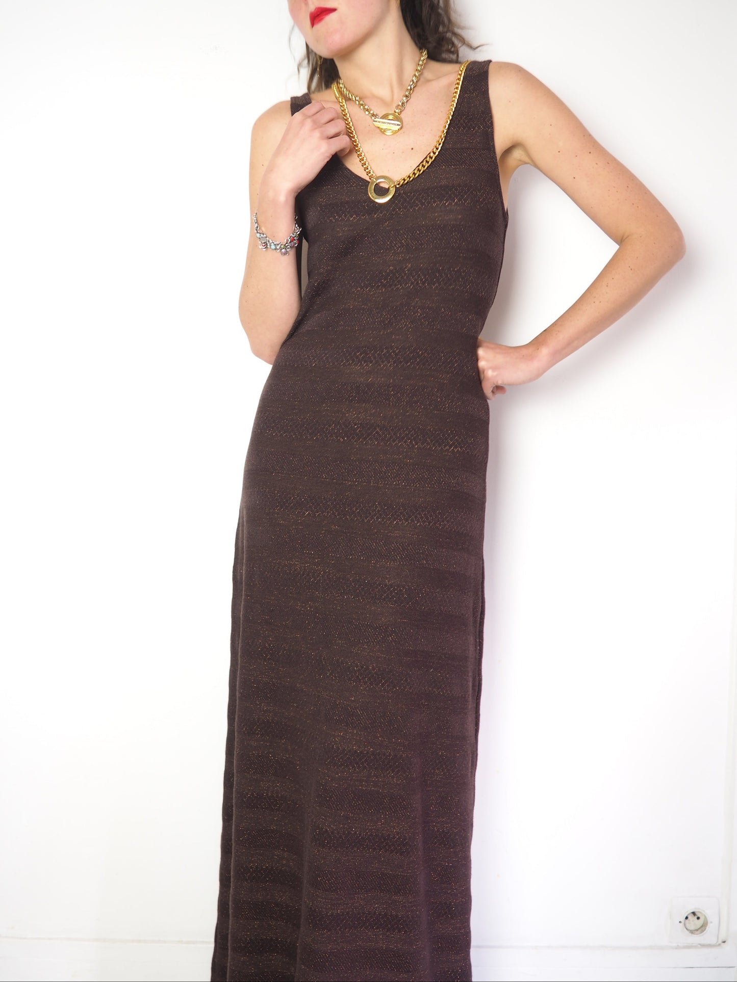 Robe longue marron à lurex
