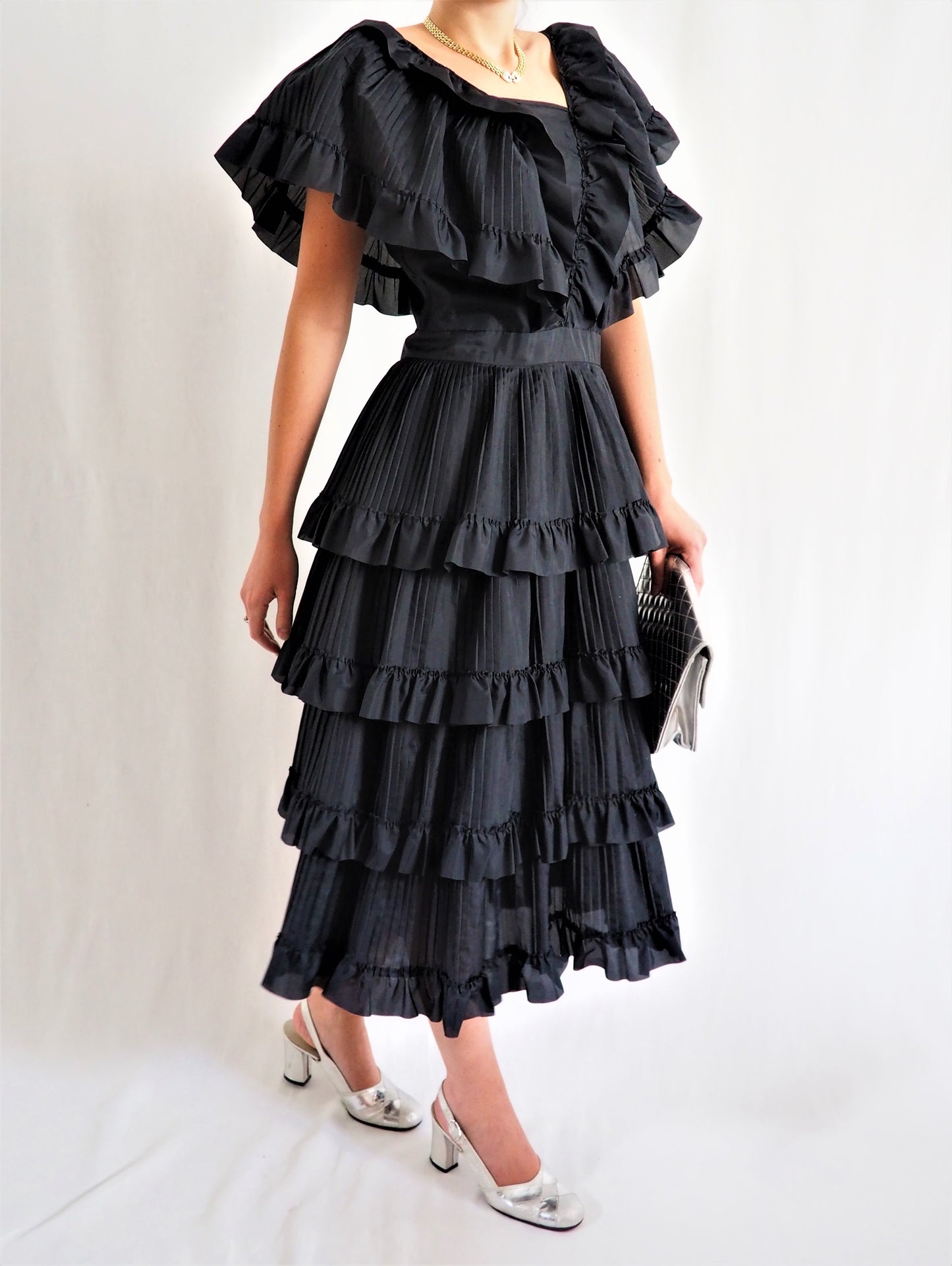 60's evening ruffled dress (M)