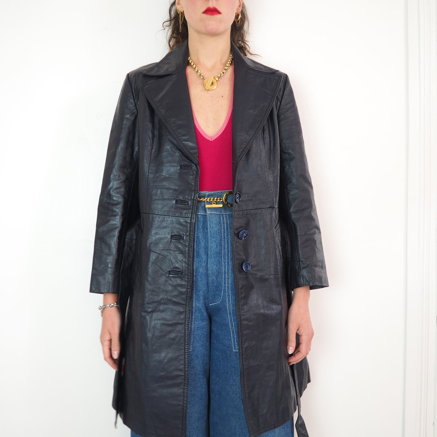 Trench en cuir bleu marine vintage rétro 1970