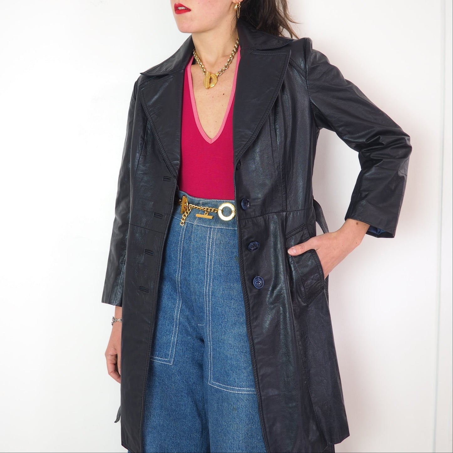 Trench en cuir bleu marine vintage rétro 1970