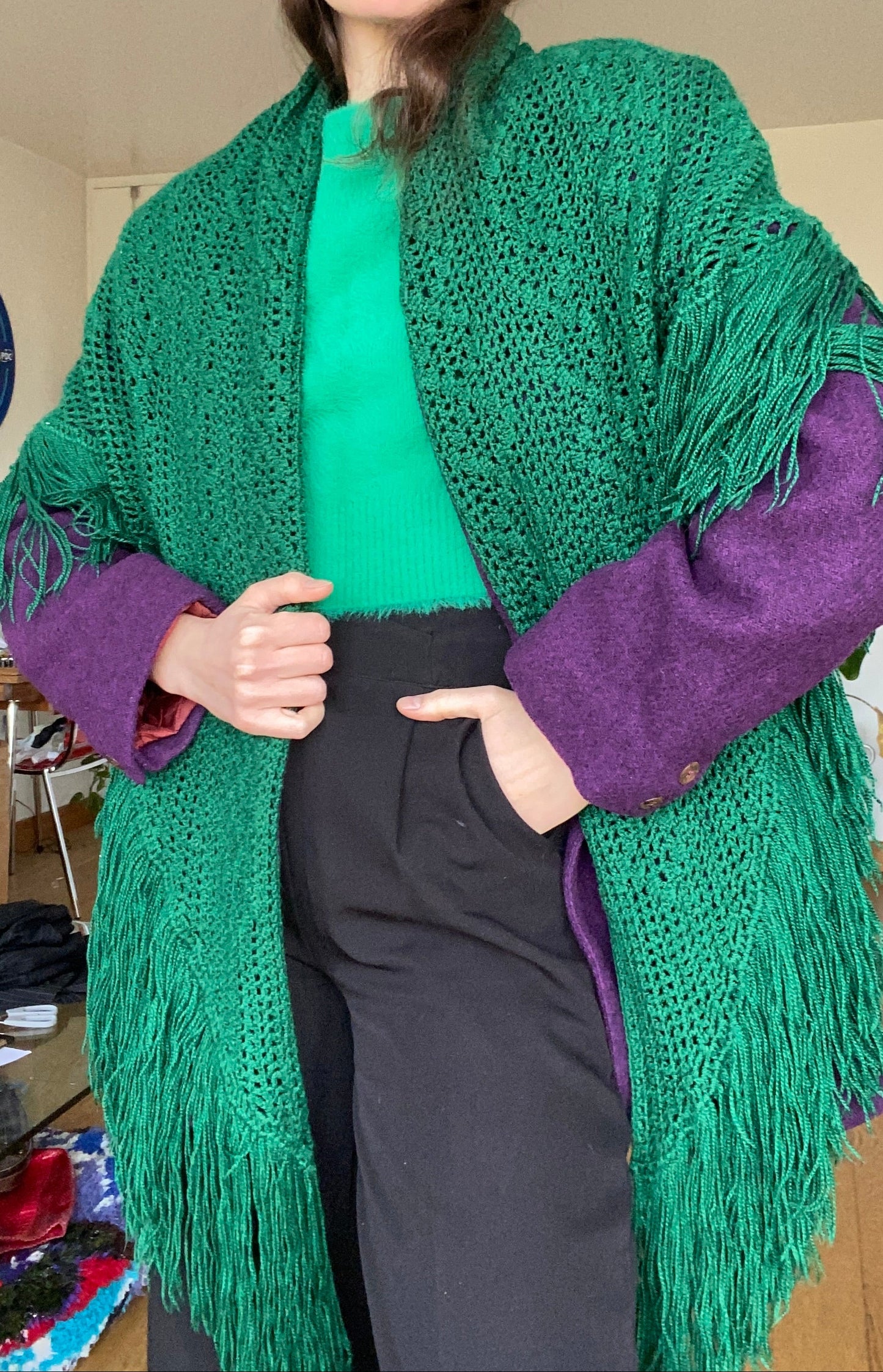 Grand châle en crochet vert sapin 1970