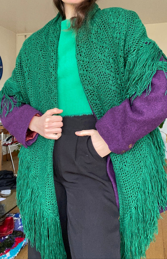Grand châle en crochet vert sapin 1970