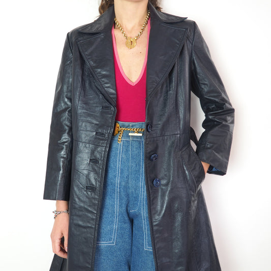 Trench en cuir bleu marine 1970